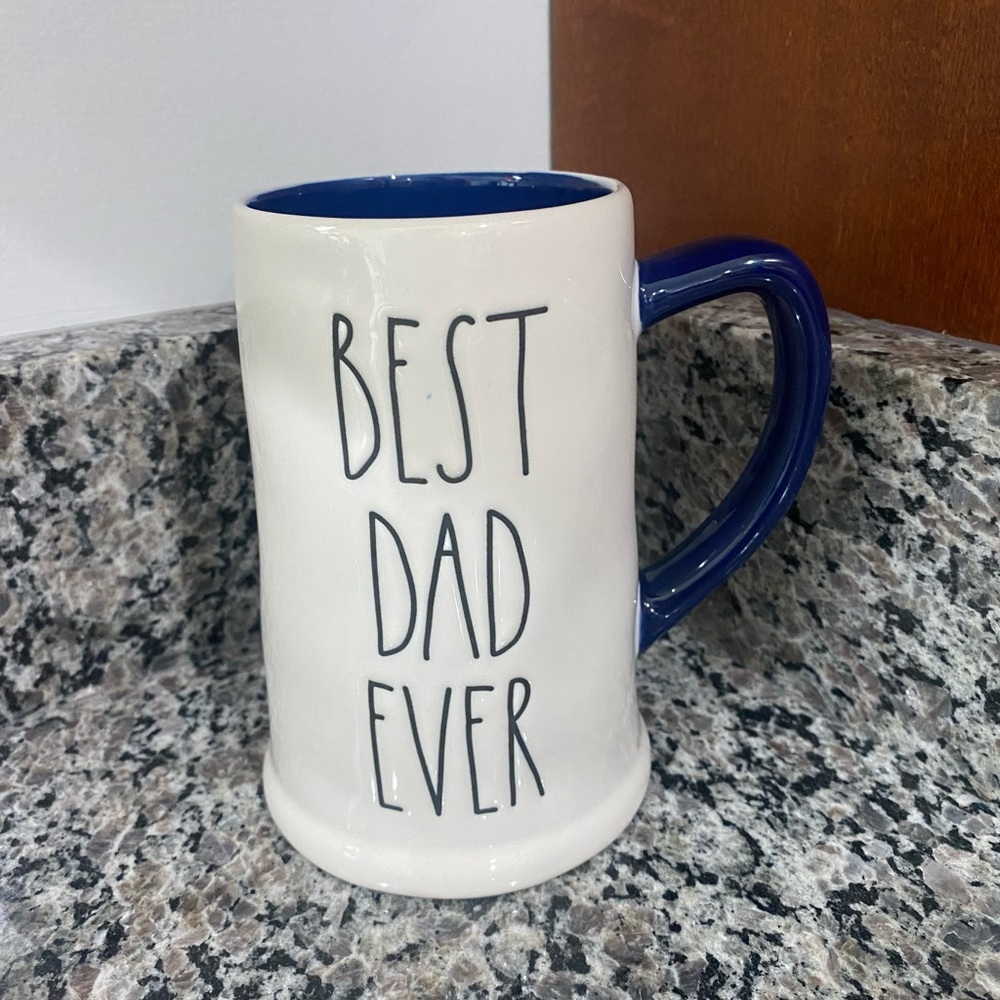 Rae dunn best dad ever beer mug white blue